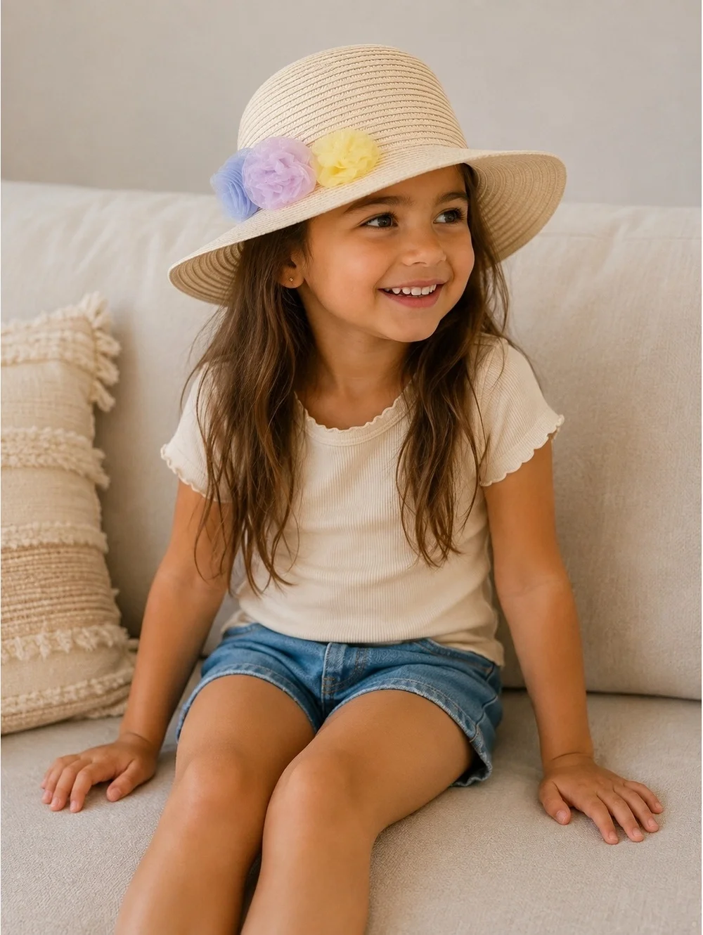 Janie and Jack Girls' Straw Sun Hat with Colorful Flower Accents, Size 12-24 MTH